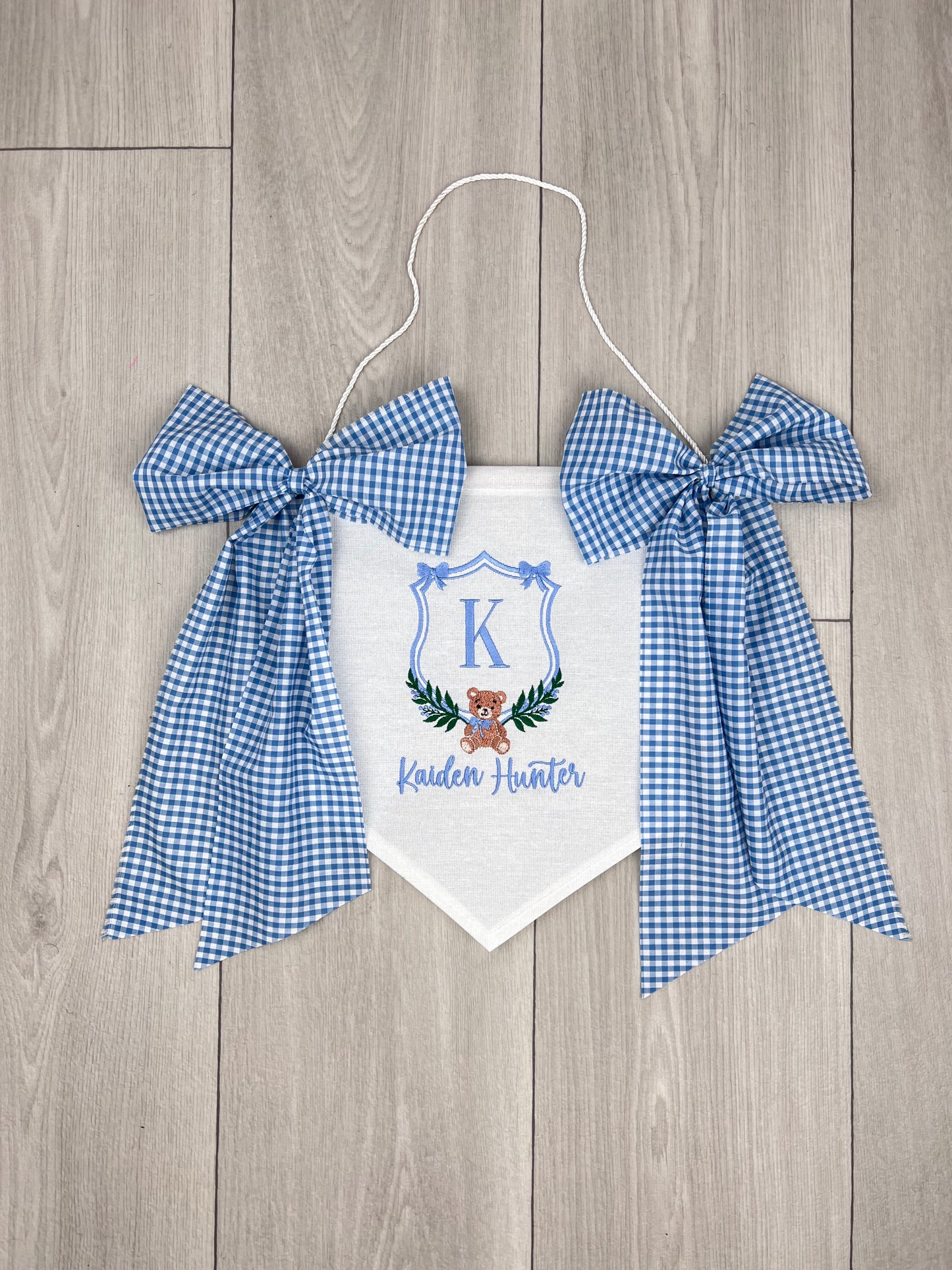 Personalized Embroidered Baby Banner - Blue Gingham