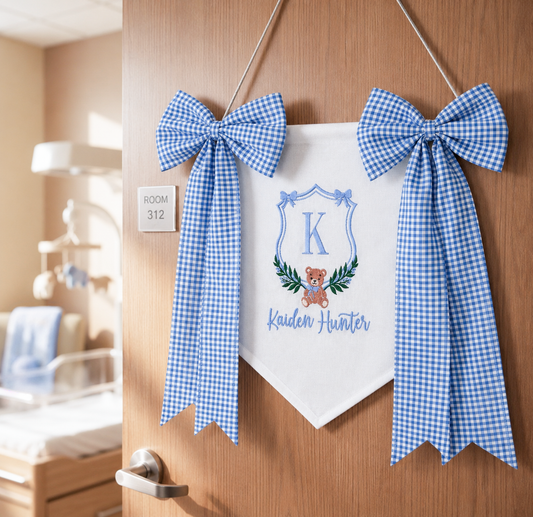 Personalized Embroidered Baby Banner - Blue Gingham